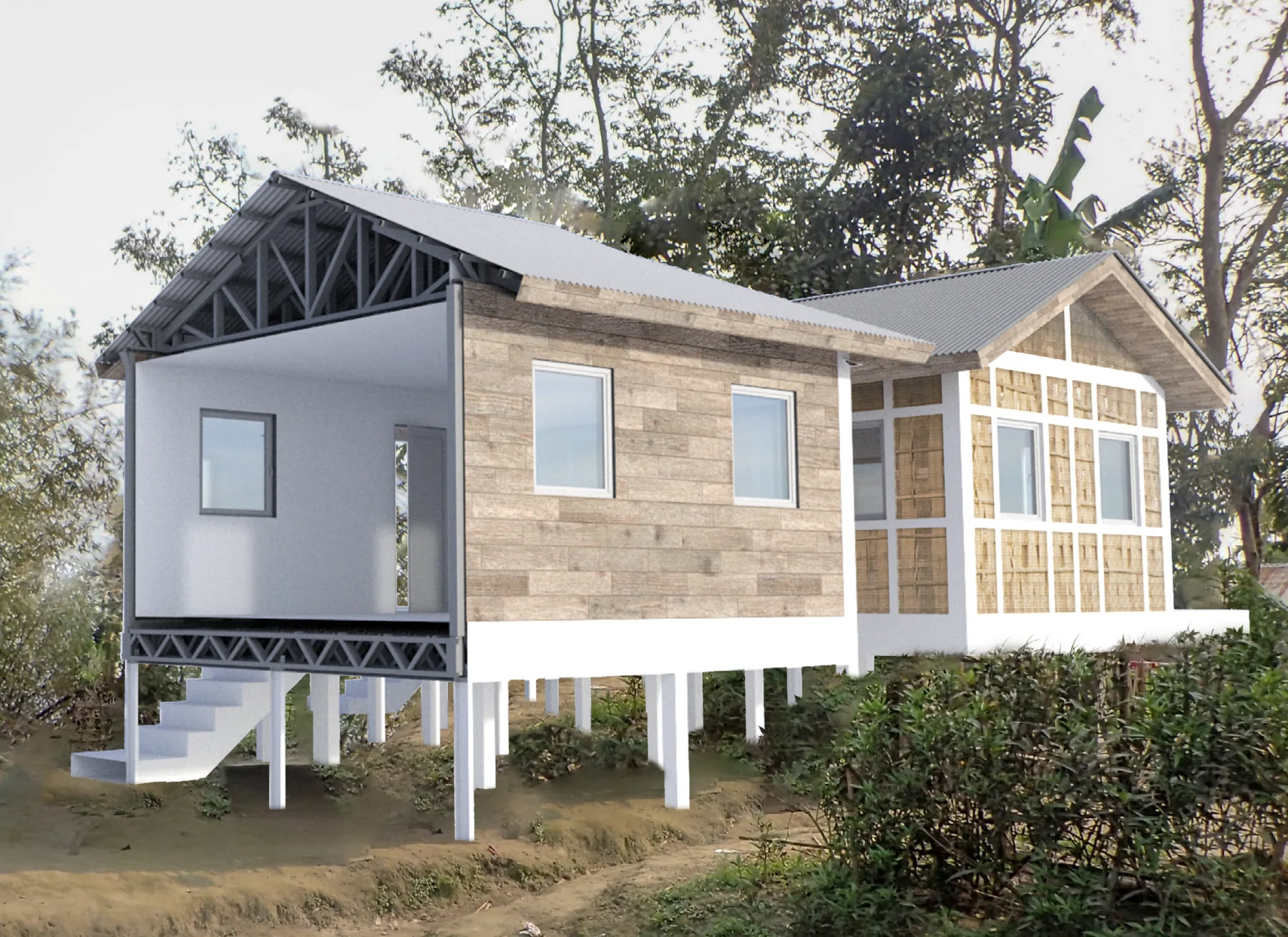 A Raised-House in Assam with LGS Frame